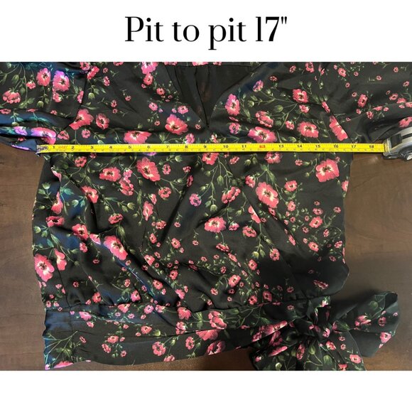 EUC Banana Republic floral tie front volume sleeve wrap top pink black XS petite - Picture 3 of 8